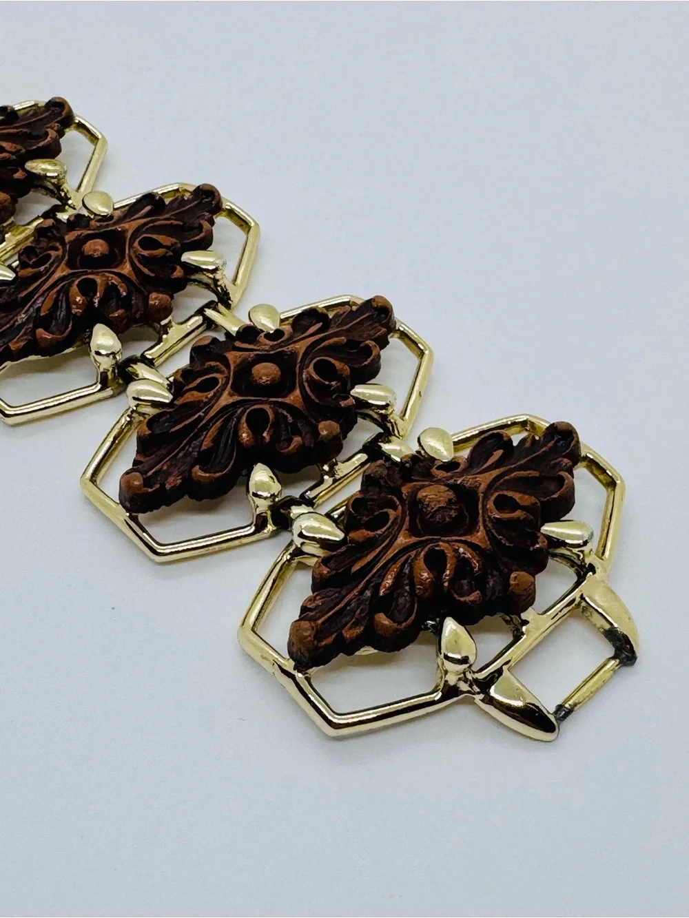 Vintage 1950s–1960s Selini Faux Wood & Gold-Tone Panel Link Bracelet SIGNED